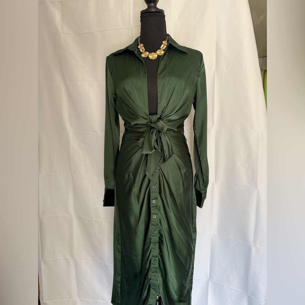 Elegant Long Sleeve Button-Down Dress in Forest Green